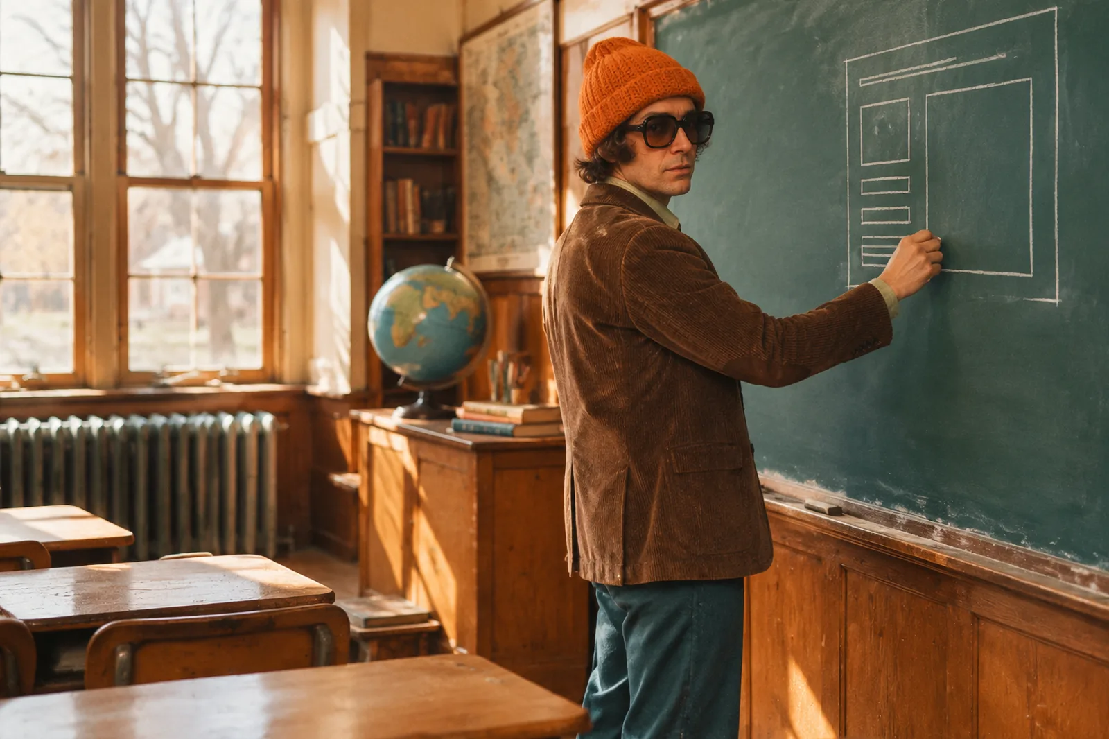 Klassenzimmer einer Dorfschule bei Burscheid in den 70er-Jahren: eine Person mit orangem Beanie erklärt an der Tafel den Aufbau einer Website