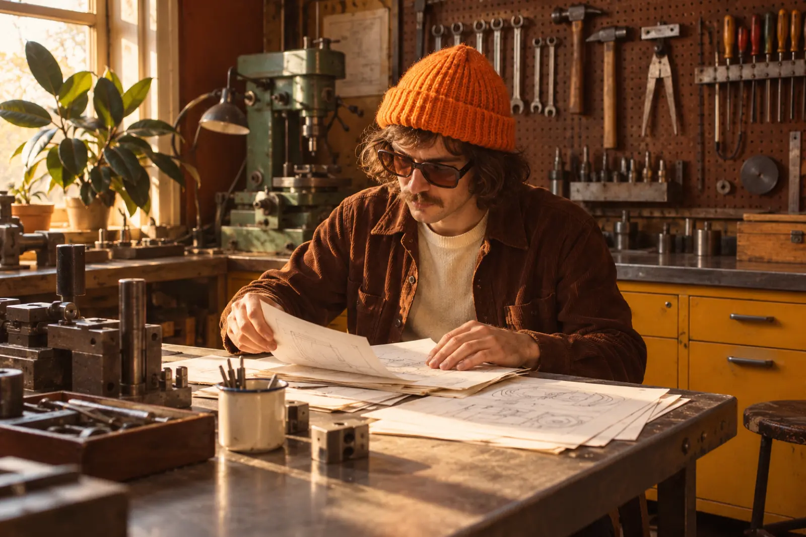 Kleine Remscheider Werkzeugmacherei in den 70er-Jahren: eine Person mit orangem Beanie sortiert Website-Entwürfe auf einem Tisch