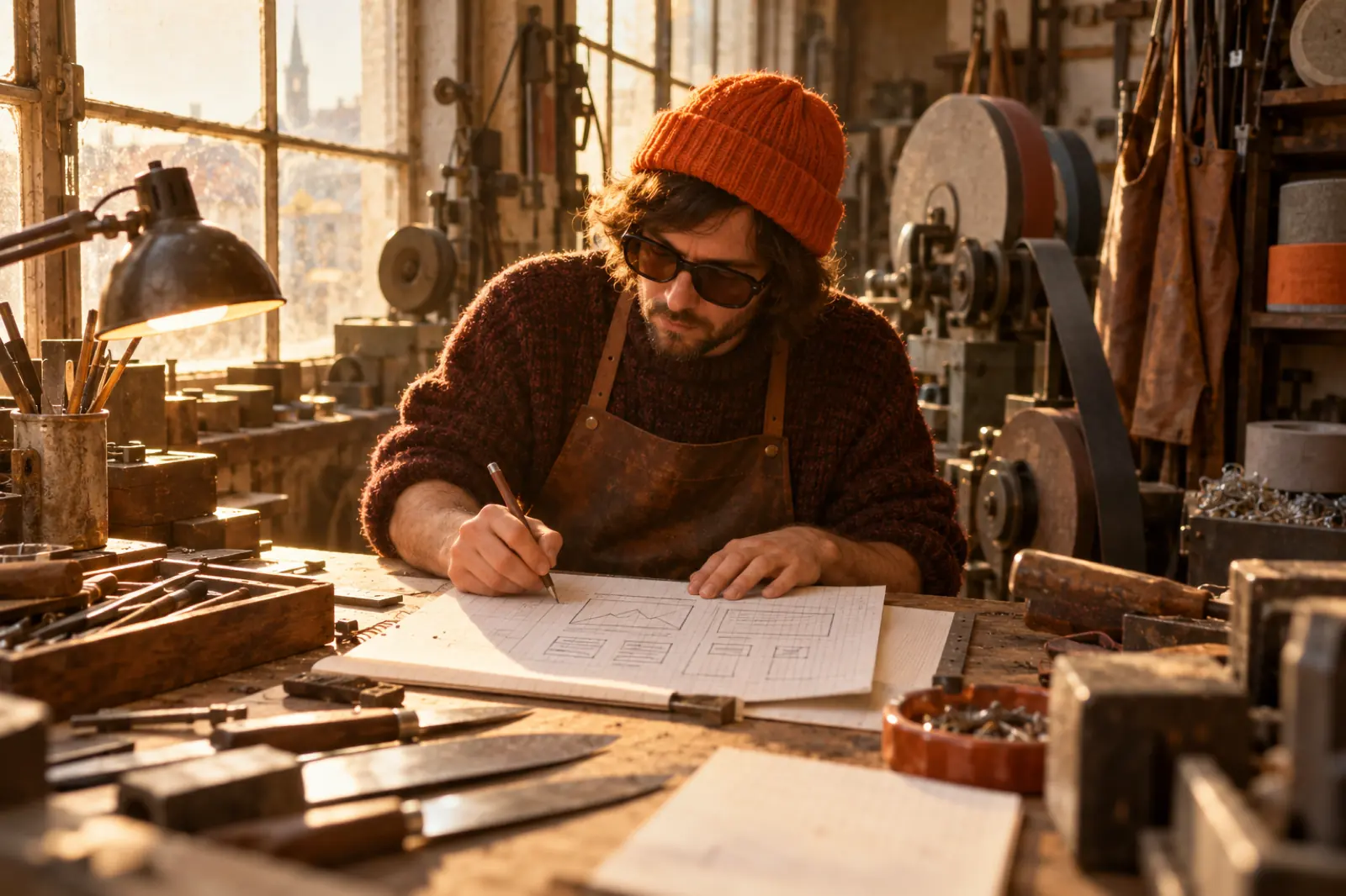 Werkstatt einer Solinger Schleiferei in den 70er-Jahren: am Tisch eine Person mit orangem Beanie und Sonnenbrille, davor der Entwurf für eine Website