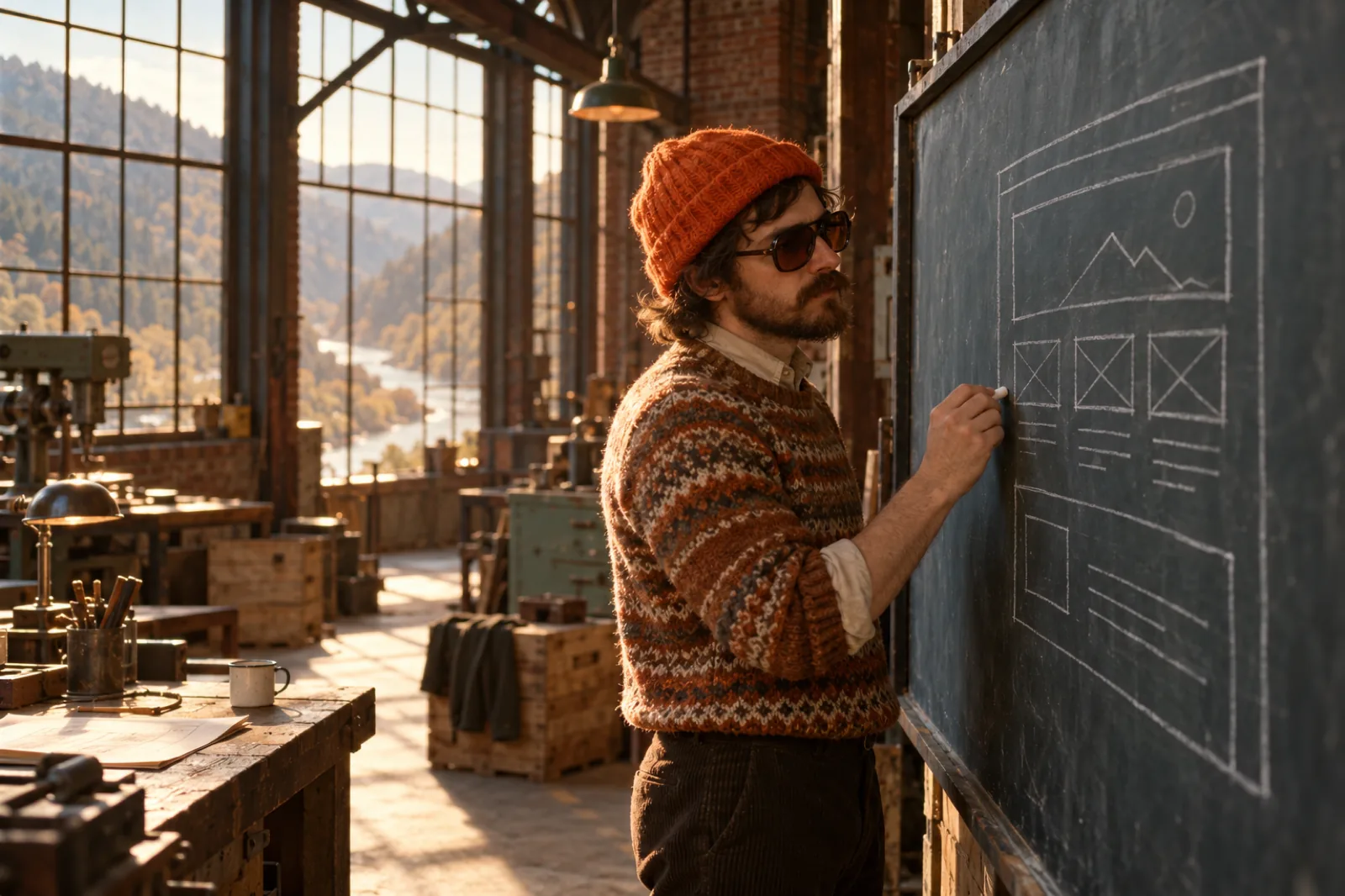 Werkstatthalle im Tal der Wupper bei Wuppertal in den 70er-Jahren: eine Person mit orangem Beanie plant an einer Tafel eine Website