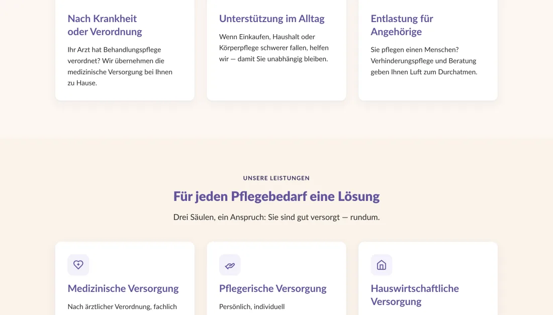 Leistungsbereich der Feniks-Website mit den drei Säulen medizinische, pflegerische und hauswirtschaftliche Versorgung