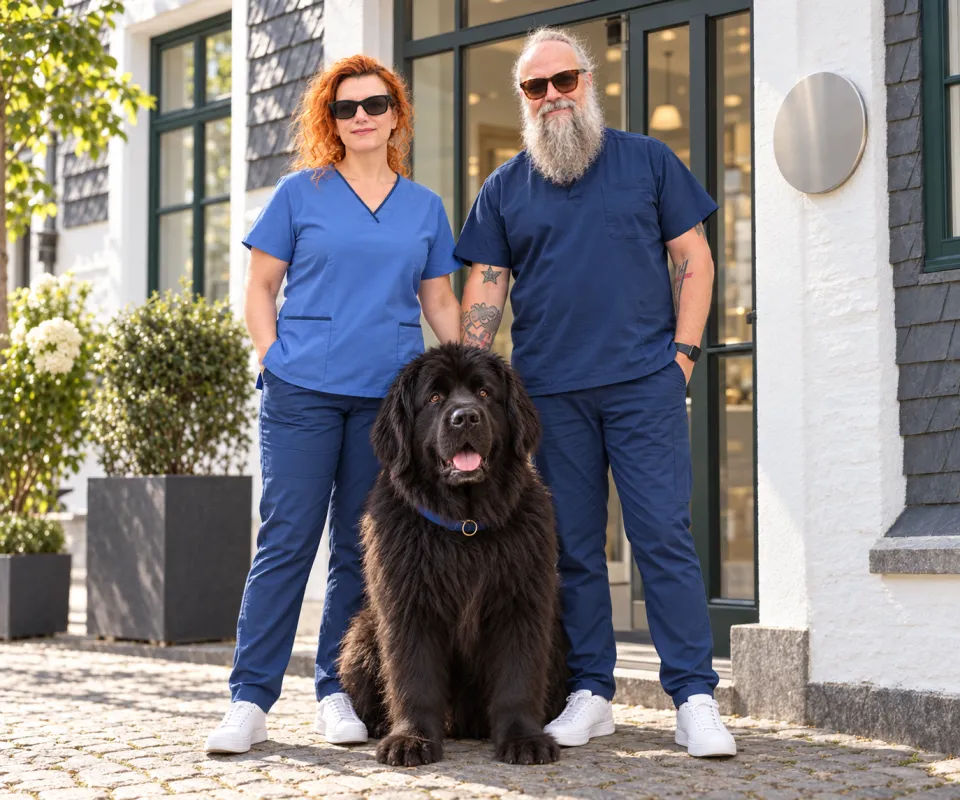KI-generierte Darstellung: Bettina, Daniel und Bommel mit Sonnenbrillen vor dem Eingang der fiktiven Praxis in einem Solinger Altbau.