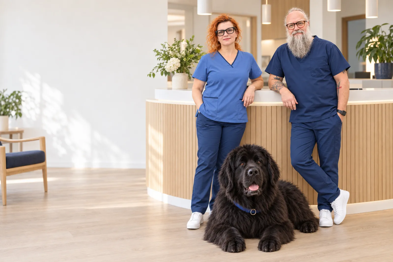 KI-generierte Darstellung: Dr. Bettina und Dr. Daniel Bartel am hellen Empfangstresen der fiktiven Praxis, davor liegt Praxishund Bommel.